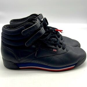 Reebok- Classic Black Leather High Tops With Velcro And Lace Up Size 6